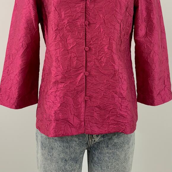 Eileen Fisher Crinkle Silk Blazer Jacket Hot Pink Button-Down 3/4 Sleeve | Small - Picture 4 of 11